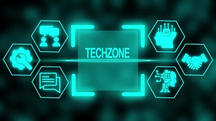 Techzone concept with glowing neon icons representing AI technology and business collaboration on a dark background - Powered by Adobe