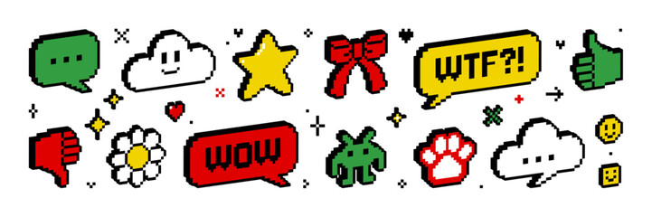 Pixel 3d isometric icon and sticker set. 8 bit retro game style. Y2k trendy vector illustration of heart cursor hand flower speech bubble character sparkle star etc. Social media and chat elements.