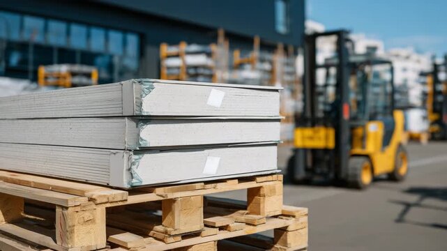 Close-up of construction materials showing drywall panels stacked on pallets, ambient light highlighting edges and paper finish, organized and ready for installation