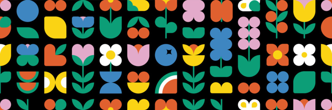 Flower berry fruit abstract geometric shapes. Brutal modern contemporary seamless pattern with icon arch cloud vawe circle and other primitive elements. Swiss design aesthetic. Bauhaus memphis design.
