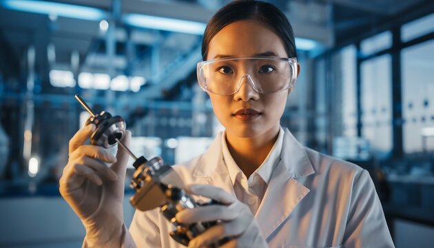 Confident young asian female engineer or scientist holding an industrial metal component in a modern tech lab, innovation and stem career