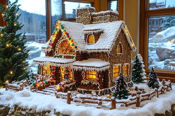 A gingerbread Christmas house decorated with icing and candy, placed on snowy surface 