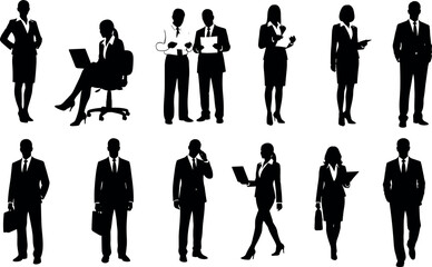 Business people silhouettes in formal attire performing office tasks, communication, teamwork, leadership, technology, and corporate activities on white background.