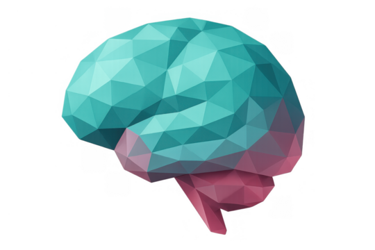 Abstract low poly brain illustrating concepts of intelligence, thinking, mind, and psychology. Transparent background
