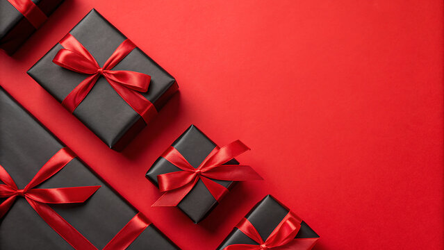Celebration gifts on red background with black wrapping and red bows, perfect for various occasions