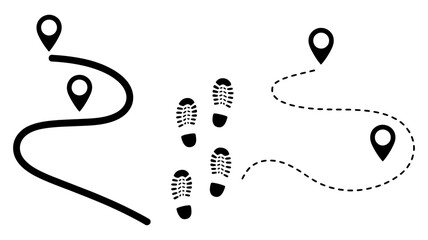 Journey navigation concept: solid and dashed paths with location pins, and footprints illustrating travel, exploration, route planning and choices.