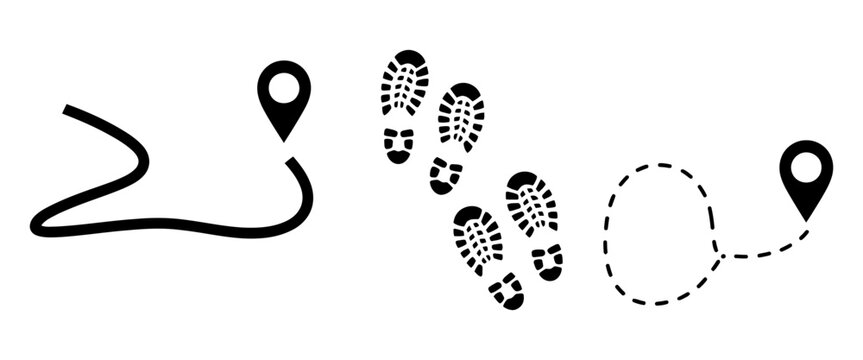 Path, journey, and navigation concept with map pin icons, curved lines, and boot footprints, illustrating routes, directions, travel, and exploration.