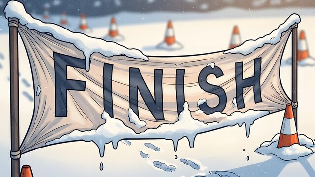 Finish line banner covered in snow with cones in winter landscape  