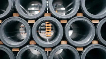 Close-up of neatly stacked gray plastic pipes in a warehouse, smooth surfaces reflecting overhead light, ready for plumbing and drainage applications