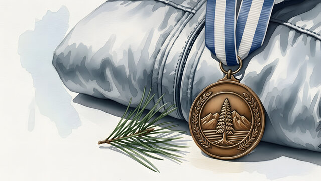 Bronze medal on winter jacket with pine branch and blue ribbon  