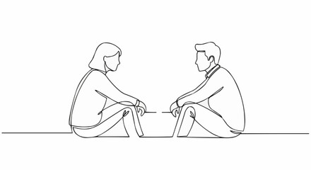 Continuous line drawing of a man and woman sitting on the floor talking.