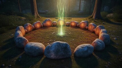 森の石のサークルから立ち昇る緑の神秘的な光：ループ