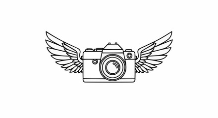 Outline drawing of a vintage camera with feathered wings.