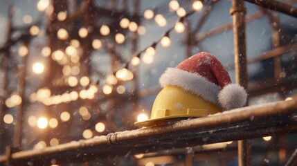 Christmas construction site with Santa hat on a yellow hard hat, festive holiday season