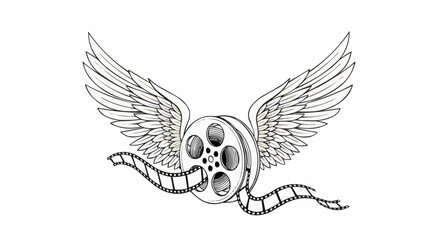 Flying film reel with wings, representing cinema and movies, a symbol of creativity.