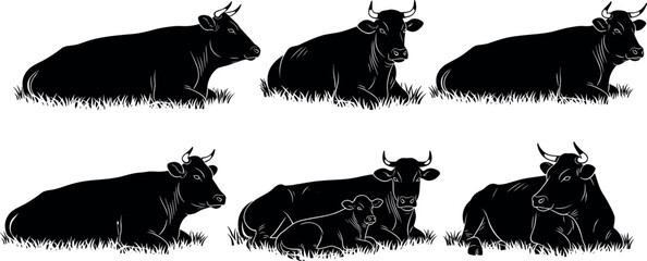Silhouette cows lying on grass in various poses with calf, peaceful farm animals resting in nature, rural livestock vector illustration