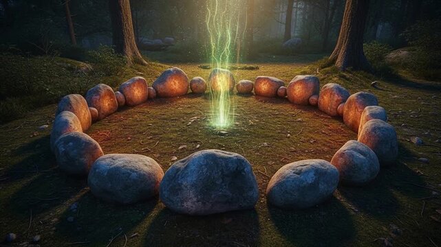 森の石のサークルから立ち昇る緑の神秘的な光：ループ