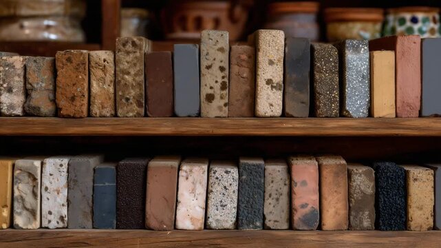 Close-up of organized shelving filled with diverse bricks in red, tan, gray, and ochre hues, each with distinct surface textures under even studio lighting