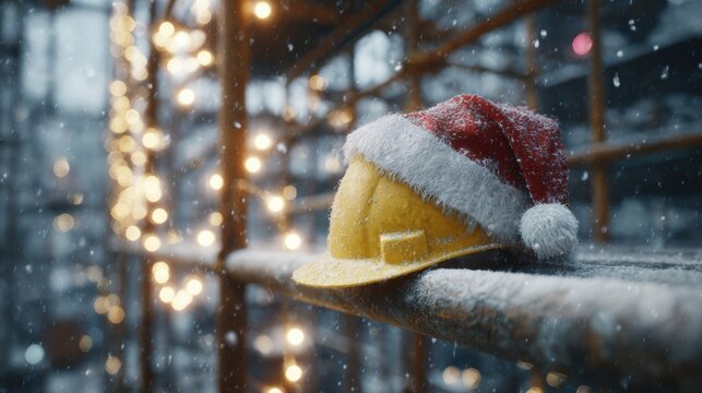 Christmas construction site with Santa hat on a yellow hard hat in the snow