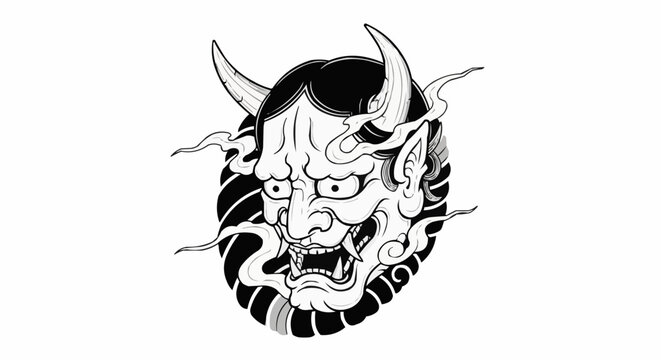 Japanese Hannya Mask Traditional Tattoo Style Illustration.