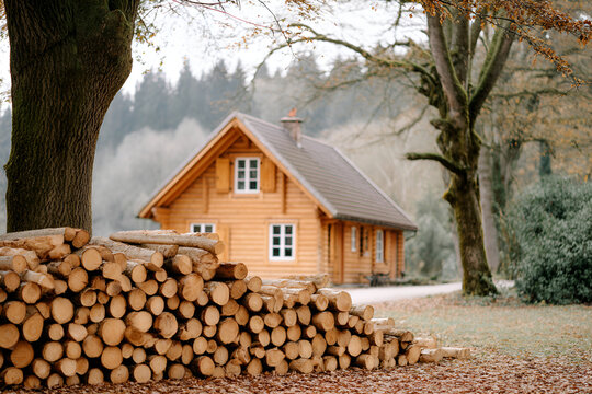 Rustic cabin in autumn forest with stacked firewood for cozy retreat and nature getaway