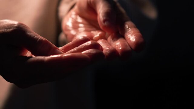 A gliding lubricant on a man's hand.
Intimate gel or massage oil on a man's palm.
Lubricant for better gliding and greater enjoyment during sex.