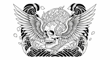 Detailed Skull with Wings Tattoo Design in Black and White.