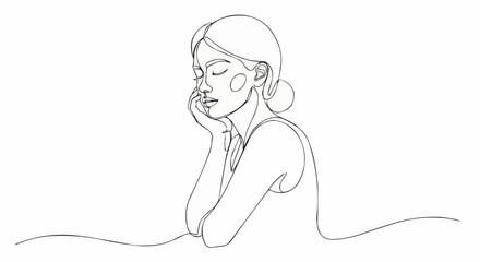 Contemplative woman in a minimalist line art style with closed eyes and a thoughtful pose.