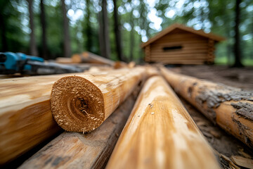 Timber logs in forest with rustic cabin for woodworking and construction themes
