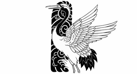 Elegant Japanese Crane with Spread Wings in Traditional Art Style.