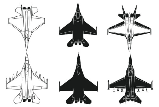 Silhouette of military aircrafts isolated on white background, showcasing fighter jets, interceptors, and strike aircrafts in a stepdown view, perfect for aviation enthusiasts