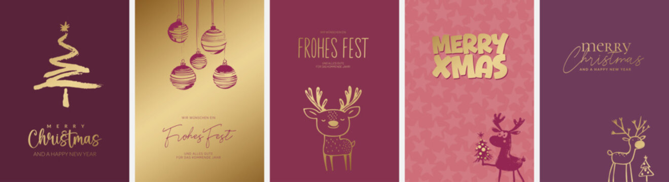 5 moderne und niedliche Weihnachtskarten Motive (Din Format) "Frohes Fest", "Frohe Weihnachten", "Merry Christmas". Sch&ouml;ne Typo, Font & Symbol komplett als Pfade