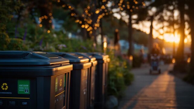 Close-up of sleek, modern recycling bins lined along a park pathway, golden sunlight filtering through trees, soft shadows symbolizing peaceful sustainability