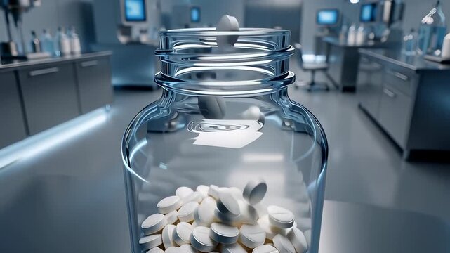 White pharmaceutical pills filling a clear glass bottle in a sterile blue laboratory setting, illustrating medical manufacturing concepts in a 3D animation.