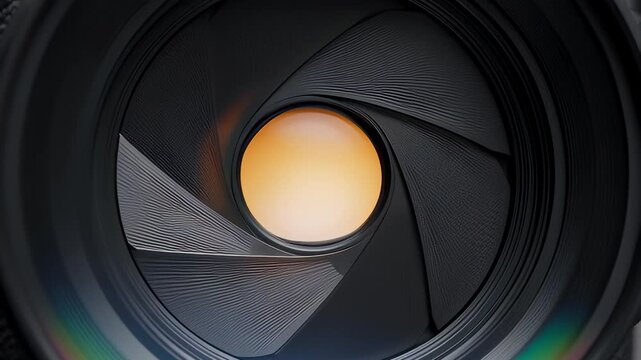 Cinematic macro view of a mechanical camera lens aperture iris opening and closing, illustrating photography and digital technology concepts.