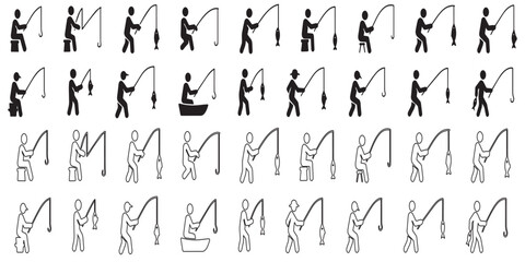 Silhouetted and outlined icons of people fishing with rods and reels.