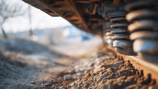 Close-up of train car undercarriage, metal coil springs and suspension arms detailed with texture and grime, depth of field creating dimensionality