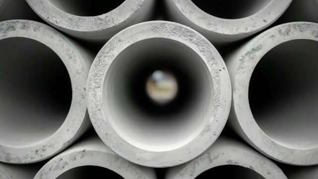 Close-up perspective of gray PVC pipes, ends visible with smooth circular shapes, stacked horizontally, highlighting utility for drainage and plumbing systems