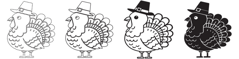 Four turkey illustrations wearing pilgrim hats, in varying shades of black and white.