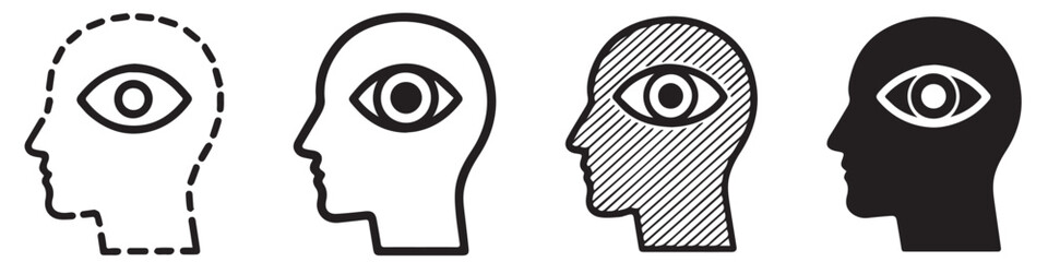 Four head profiles with eyes inside, representing different states of awareness or perception.
