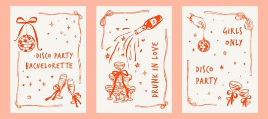 Hand drawn whimsical doodle bachelorette party poster. Bridal shower rectangle background with wavy bow ribbon frame. Girls disco invitation with mirror ball, champagne glass pyramid, cocktails