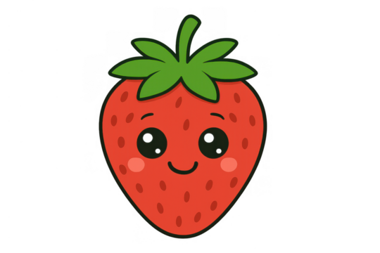 Cute cartoon strawberry character vector with smiling face expressing happiness and sweetness, transparent background