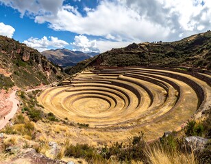 Circular terraces in a valley surrounded by mountains, blue sky with white clouds overhead