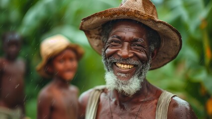 Smiling Farmer in Rural Embrace: An aged farmer, adorned with a weathered hat and a warm smile, exudes a sense of serene contentment as he gazes at the camera. He is an emblem of tradition.