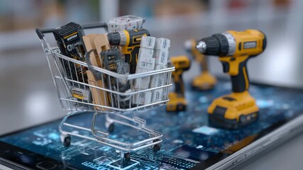 Detailed close-up of virtual shopping cart with assorted building materials, power tools, and accessories, clean modern UI for hardware e-commerce