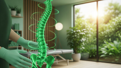 Green spine illustration with pelvic bone and hands in a spa environment with natural light shining through window
