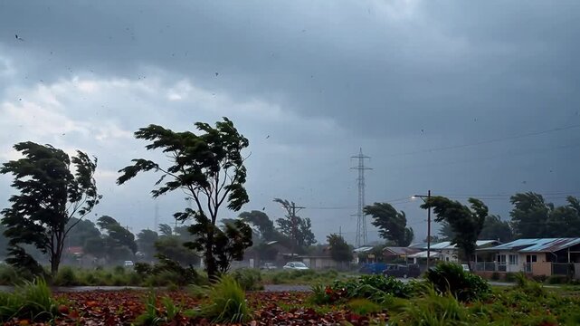 Stormy weather with windblown trees and houses