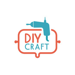 DIY craft emblem with a playful blue glue gun icon. Minimalist label design for handmade projects and creative hobbies, isolated vector illustration