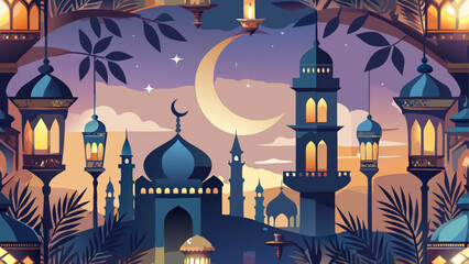 Illustration of a mosque with crescent moon above