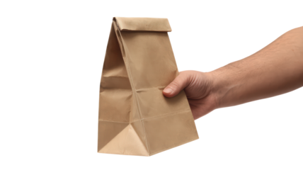 Hand holding a brown paper bag isolated on transparent background symbolizing convenience for food takeaway packaging and lunch featuring grocery delivery for business